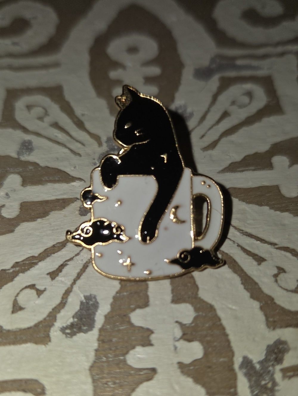 Black Cat in White Cup Enamel Pin - Cute Cat Lap Pin